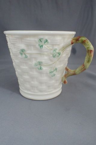 Vintage Signed Belleek Irish Shamrock Basket Weave Coffee Mug With Green Handle