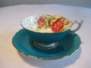 Paragon Double Warrant Teal Blue Green Wide Mouth Cup & Saucer Large Roses