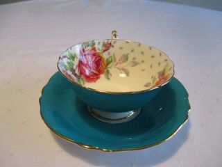 Paragon Double Warrant Teal Blue Green Wide Mouth Cup & Saucer Large Roses 2