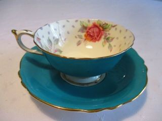Paragon Double Warrant Teal Blue Green Wide Mouth Cup & Saucer Large Roses 3