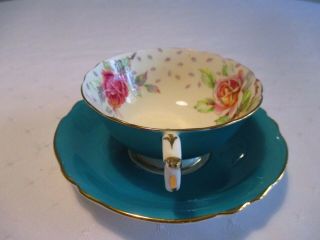 Paragon Double Warrant Teal Blue Green Wide Mouth Cup & Saucer Large Roses 4