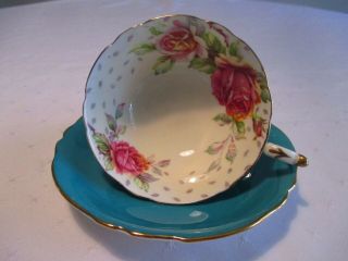 Paragon Double Warrant Teal Blue Green Wide Mouth Cup & Saucer Large Roses 5