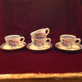 Vintage Stangl Pottery Fruit And Flowers Set Of 4 Cups & 3 Saucers