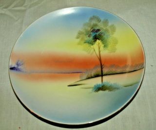 Meito China 7 1/2 " Hand Painted Plate Made In Japan Vintage Landscape Silver Rim