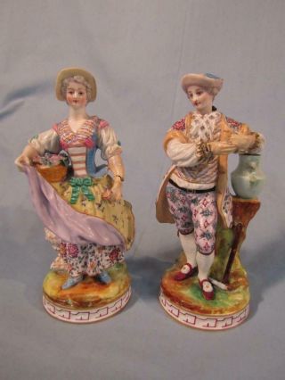 Pair Antique Dresden Figurines - Classical Man & Lady W/basket Flowers - Signed