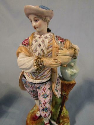 PAIR ANTIQUE DRESDEN FIGURINES - CLASSICAL MAN & LADY W/BASKET FLOWERS - SIGNED 2