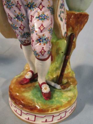 PAIR ANTIQUE DRESDEN FIGURINES - CLASSICAL MAN & LADY W/BASKET FLOWERS - SIGNED 4