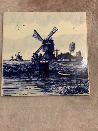 Vintage " Delft " Style Tile 6 " Square - Blue/white Windmill/bridge