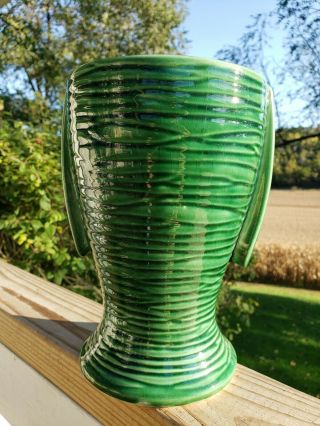 Vintage Mccoy Pottery 8 " Green Pedestal Textured Vase Great