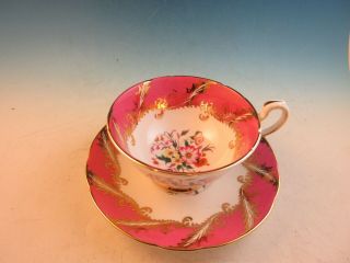 Paragon Bone China Footed Cup & Saucer Hot Pink With Flowers & Gold Swag F104d