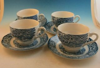 4 Liberty Blue Staffordshire Cups & Saucers Old North Church Paul Revere