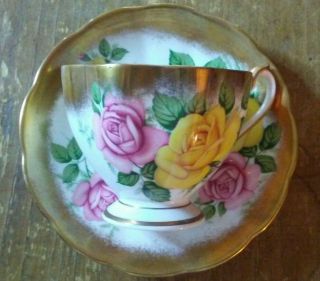 Vintage Queen Anne Fine Bone China Gilded Pink & Yellow Rose Cup & Saucer