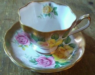 Vintage QUEEN ANNE Fine Bone China Gilded Pink & Yellow Rose Cup & Saucer 2