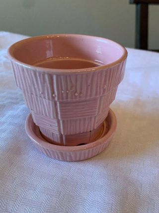 1950s Mccoy Pottery Basketweave Pink Planter With Attached Plate 3 1/8 " Tall Mcm