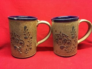 2 Vintage Bauman Art Pottery Cobalt Blue Stoneware Coffee Cup Mug Warsaw Indiana
