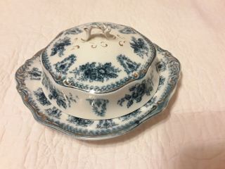 Antique Wh Grindley England Flow Blue 3pc Covered Butter Dish