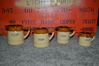 Vintage Set Of 4 Brown Glaze Pottery Stoneware Measuring Pitcher Cups Vg Cond