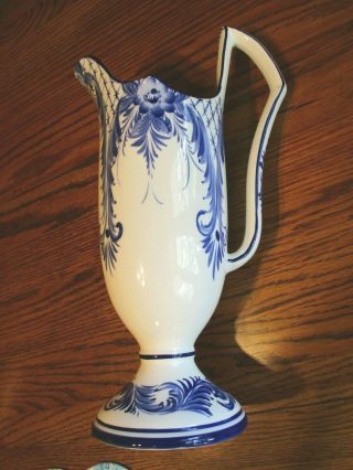 Rccl Ceramic White W Blue Design Hand Painted 14 " Pitcher Made In Portugal