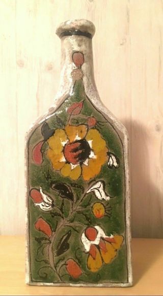 Vintage Hand Crafted Painted Floral Ceramic Pottery Bottle Vase
