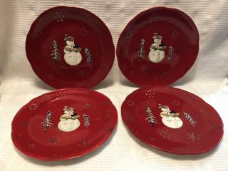 Tracy Porter “jolly Ol’ Snowy”snowman/trees/ Snowflakes - Red Dinner Plate (qty.  1)