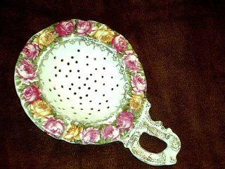 Antique Prov Sxe Es Germany Porcelain Tea Strainer Pink & Yellow Roses