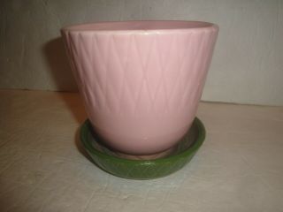 Vintage Shawnee Pottery Planter Pink Green Flowerpot Criss Cross Pattern 485