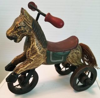 Vintage Hand Carved Wood Horse Tricycle Wood Wheels String Tail 6 " By 5.  5 "