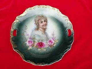 Vintage Austrian Cake Plate W/ Lovely Lady And Vibrant Pink & Red Roses