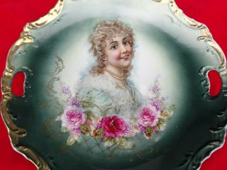 VINTAGE AUSTRIAN CAKE PLATE W/ LOVELY LADY AND VIBRANT PINK & RED ROSES 2