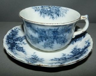 Flow Blue Cup And Saucer Burgess & Leigh Burslem England Antique Mabelle Pattern