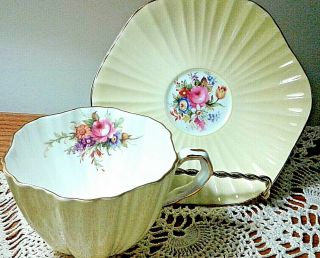 Vtg.  Foley Bone China Made In England Tea Cup & Saucer Yellow & Floral Bouquet