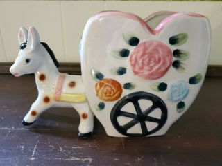Vintage Donkey Pulling Cart Flower Ceramic Japan Planter Vase White W Pink Trim