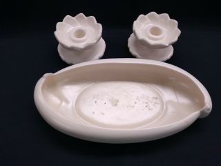 Vintage Haeger Pottery Console Dish W Lotus Candle Holders