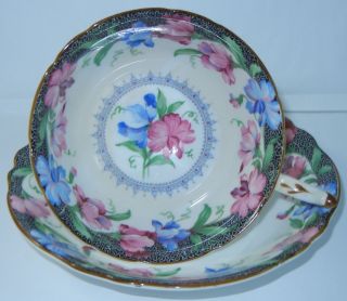 Paragon Sweet Pea Cup And Saucer Set Scalloped Blue Pink Floral Gold Trim H275