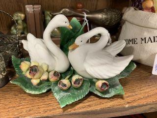 Vintage Capodimonte Porcelain Handmade Swans Candle Holder Made Italy