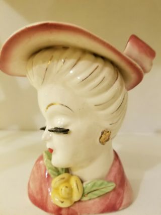 Glamour Girl Head Vase.  Pink With Yellow Flowers 5 "