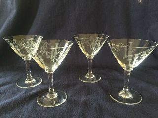 8 Vintage 1950s Etched Noritake Sasaki Bamboo Crystal Small Martini Glasses 2oz