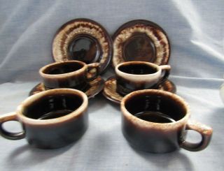 Vintage Pfaltzgraff Gourmet Brown Drip Design 4 Coffee Mugs & Saucers