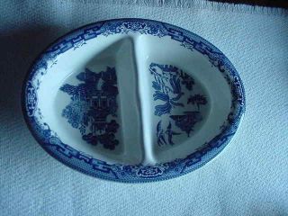 Blue Willow Oval 2 Sectional Vegetable Bowl By Churchill,  Made In England,  Ex