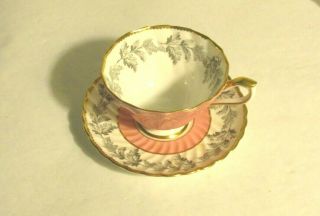 Aynsley Bone China English Pink Green Leaves Cup & Saucer In