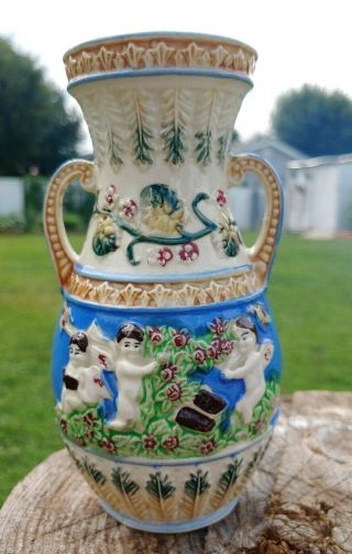 Vintage Mid - Century Cherub Angel Two - Handled Vase Urn 8 " Pot Japan Art Pottery