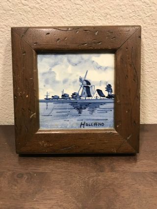 Delft Blauw Tile In Wood Frame Hand - Painted Windmill Blue White Made In Holland