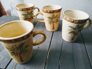 Set Of 4 West Palm By Home Trends Coffee Mugs Palm Tree Bamboo Border Beach