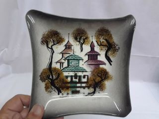 Vintage Sascha Brastoff Signed Mid - Century Modern Art Pottery Asian Dish Pagodas 4