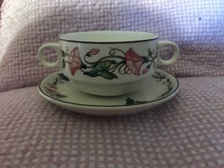 Villeroy Boch Palermo Pink Morning Glory Demitasse Double Handle Soup Cup Plate