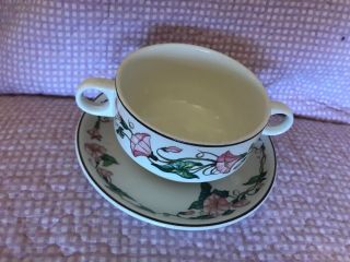 Villeroy Boch PALERMO Pink Morning Glory Demitasse Double Handle Soup Cup Plate 2