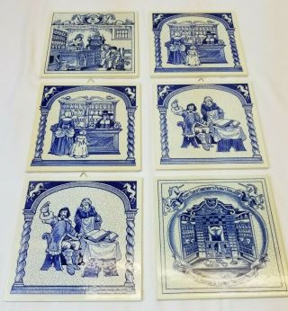 Vintage 6 Delft Blue Hand Painted Ceramic Tiles Made In Holland