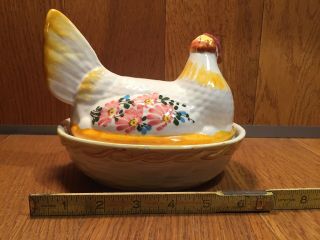 Vintage Hand Painted Chicken Hen on Nest Porcelain Ceramic Covered Dish - Signed 2