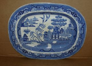 Antique Staffordshire Warranted 12 1/4 " X 15 1/2” Blue Platter Oriental Scene