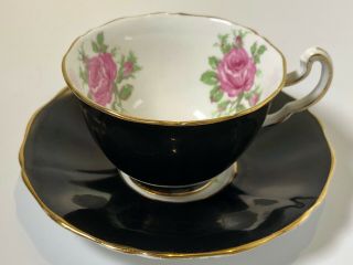 Vintage Adderley Bone China Teacup & Saucer Black And Gold/rose